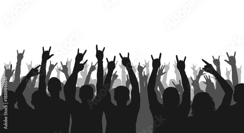 Silhouette Crowd Cheering with Hands Raised in Rock and Roll Gesture at Concert or Festival