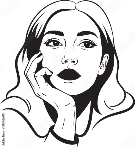 Artistic black and white vector illustration of a woman with a thoughtful pose, hand on chin, exuding mystery and intrigue.
