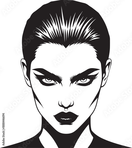 Powerful black and white vector portrait of a woman with a severe expression, short spiky hair, and a nose ring.