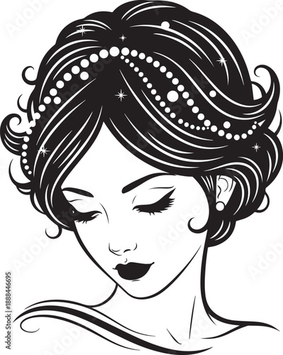 Charming black and white vector portrait of a vintage-style woman with an elegant updo adorned with pearls and sparkles.