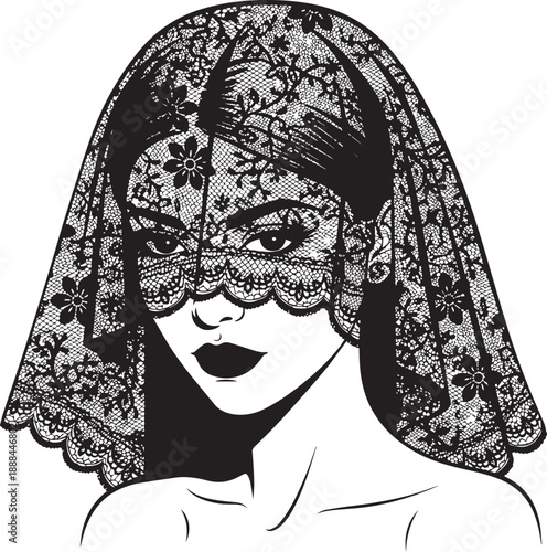 Mysterious Woman Wearing Lace Veil, Intriguing Black and White Portrait, Elegant Beauty