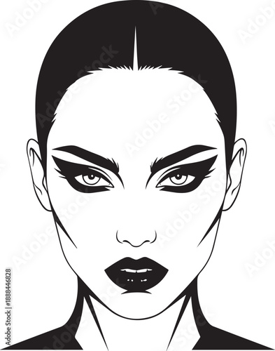 Intense Woman with Sharp Makeup and Bold Eyebrows, Black and White Graphic Portrait