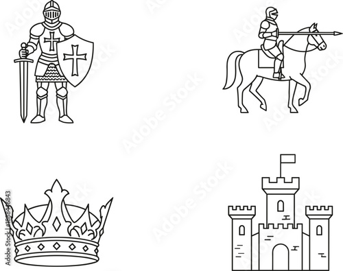 Medieval history line icon set featuring a crusader knight with shield a mounted cavalry soldier royal crown and stone fortress castle.