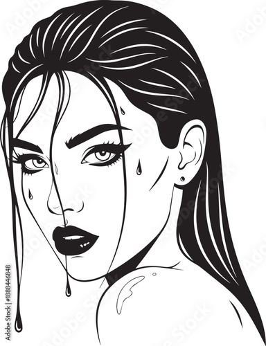 Dramatic Woman with Wet Hair and Tears, Intense Gaze, Black and White Pop Art Style