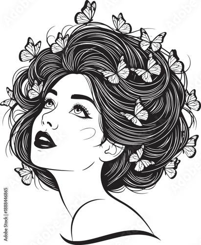 Whimsical Woman with Butterflies in Hair, Dreamy Black and White Illustration, Ethereal Beauty