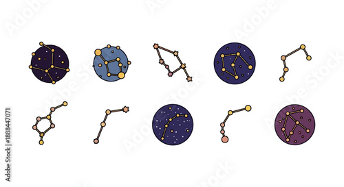 Illustrated constellations set against dark backgrounds for conceptual design