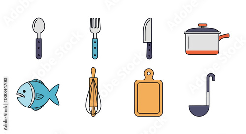 Illustrated kitchen utensils and food items on white background