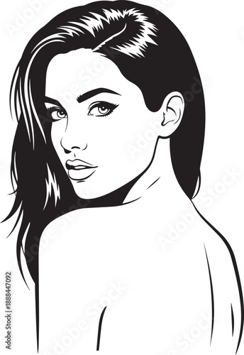 Sultry Woman Looking Over Shoulder, Flowing Hair, Glamorous Black and White Portrait