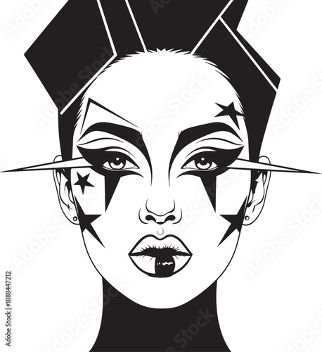 Avant-Garde Woman with Geometric Makeup and Star Accents, Bold Graphic Portrait