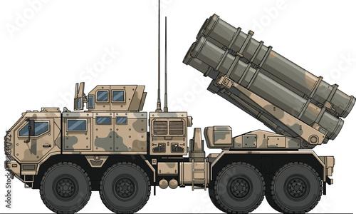 Armored military vehicle with missile launcher system in desert camouflage, showcasing modern mobile defense technology and off-road combat readiness.