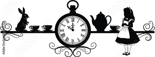 Alice in Wonderland silhouette with pocket watch, rabbit, teacups, and girl in dress evoking whimsical tea party and fantasy storytelling themes.