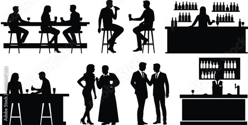 Bar and lounge silhouette scenes showing social interaction, drinking, and nightlife culture with people seated, standing, and bartending in stylish settings.Bar 