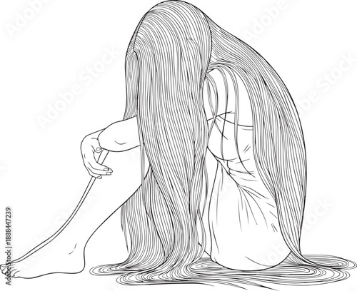Distraught Woman Hiding Face in Long Hair, Emotional Illustration of Sadness and Isolation