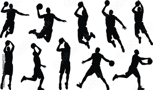 Basketball player silhouettes in dynamic action poses including dunking, shooting, and dribbling for sports design, technique illustration, and athletic motion analysis.