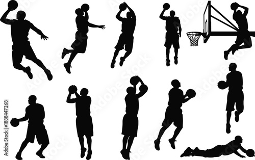 Basketball player silhouettes in dynamic poses with ball and hoop, showing dribbling, dunking, and shooting for sports design and motion analysis.