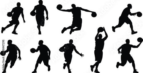 Basketball player silhouettes in dynamic poses with ball, showing dribbling, shooting, and jumping for sports design, technique illustration, and motion analysis.