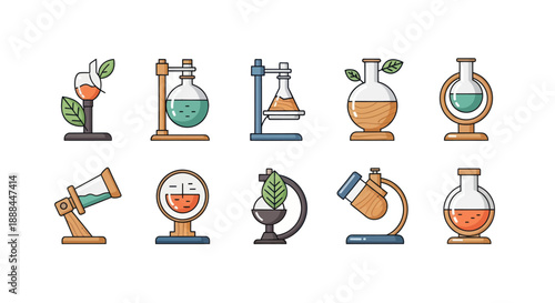 Laboratory equipment illustrations flasks beakers and scientific apparatus designs