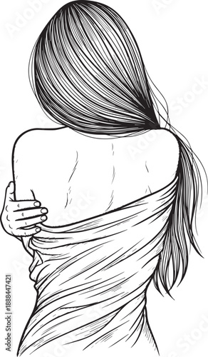 Introspective Line Art of a Woman Hugging Herself, Wrapped in Cloth