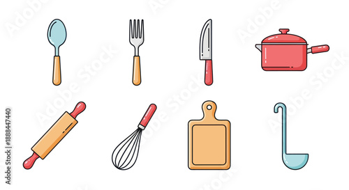 Kitchen utensils flat design illustration set for culinary concepts