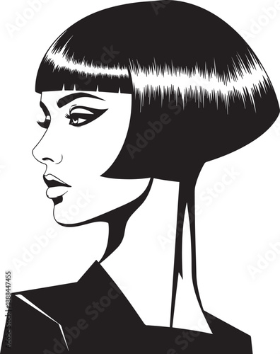 Sleek Black and White Vector of a Woman with a Bob Cut