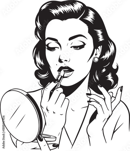Retro Pop Art Style Woman Applying Lipstick in Mirror