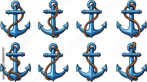 Cartoon anchors with varied rope patterns for nautical-themed puzzles, visual comparison activities, and maritime design elements.