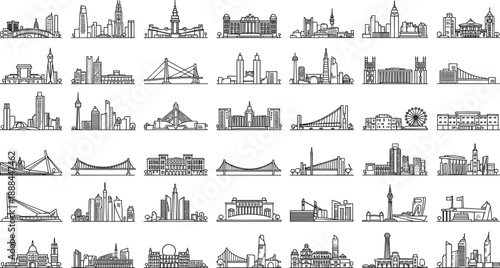 Black-and-white vector grid of 48 iconic city skylines and architectural landmarks, showcasing global urban design, travel destinations, and cultural identity.