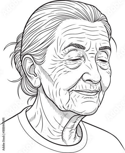 Expressive Line Drawing Portrait of an Elderly Woman with Eyes Closed