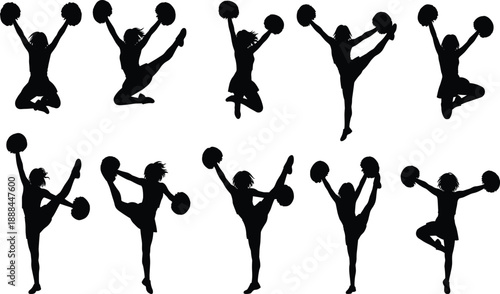 Cheerleader silhouettes in dynamic poses with pom-poms, showcasing athletic jumps, kicks, and stances from energetic cheerleading routines and team spirit performances.
