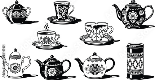 Collection of Ornate Tea and Coffee Pots, Decorative Ceramic Teacups and Saucers with Floral Patterns, Vintage Kitchenware Icons for Elegant Cafe Branding and Design