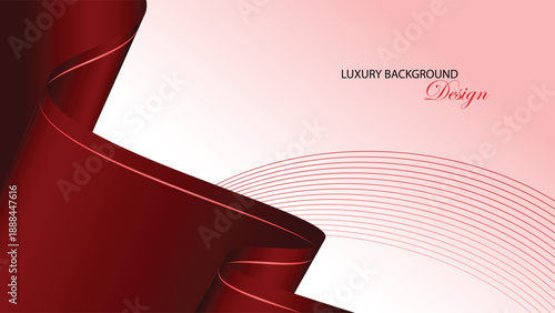 Red abstract background vector design. Luxury red background with curved ribbon and wave line decoration. Suit for banner, backdrop, award, certificate and others