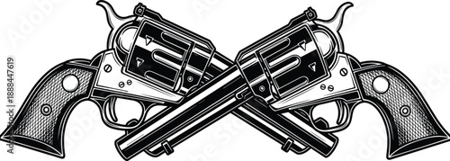 Crossed revolvers in black-and-white style showcasing symmetry, firearm detail, Western symbolism, vintage weaponry, and bold contrast for dramatic visual impact.