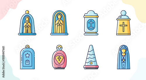 Religious icons and symbols in vector style on light backgrounds