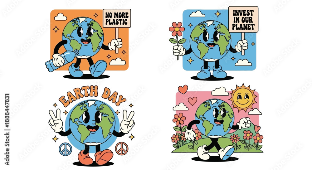 Fototapeta premium Groovy Earth Characters Promote Environmental Awareness and Earth Day Celebrations