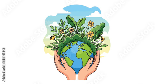 Hands Holding Planet Earth with Lush Green Plants and Flowers, Nature Conservation Concept