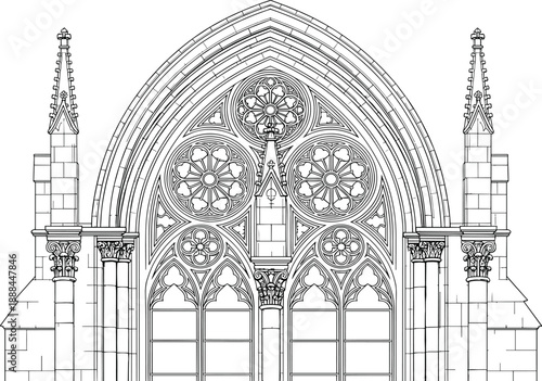 Gothic cathedral window with pointed arches, rose tracery, ornate pinnacles, and floral stonework showcasing medieval architecture and craftsmanship in historic European church design.