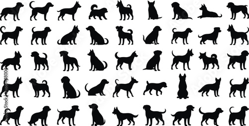 Grid of 40 black dog silhouettes in various poses and breeds, showcasing diversity, canine profiles, pet design, and vector illustration style.