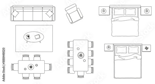 Top view furniture layout plans for interior design.