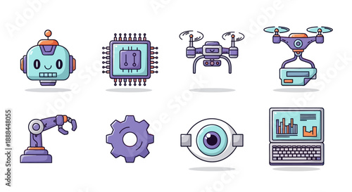 Robotics and technology icons set vector illustrations and graphics