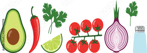 Illustration of fresh guacamole and salsa ingredients including avocado, chili, lime, tomato, onion, cilantro, 