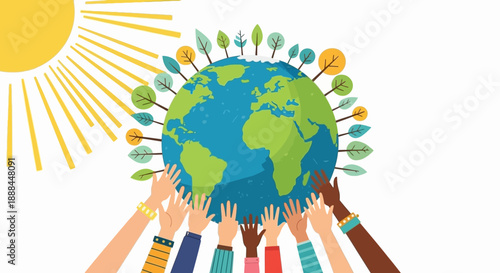 Diverse Hands Reaching Up To Protect Earth Surrounded by Trees and Sun Rays