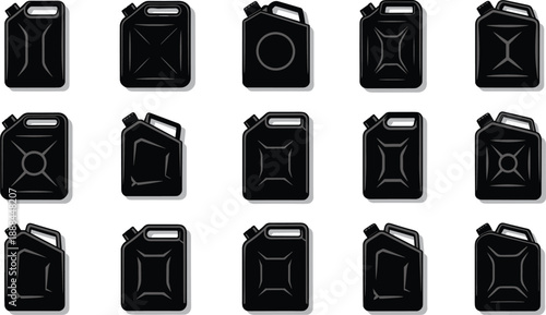 Collection of Black Fuel Jerrycan Icons Set for Petrol Gasoline Diesel and Oil Storage Container Symbols for Industrial Transportation