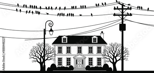 Black and white minimalist silhouette illustration of a suburban house with leafless trees a street lamp and birds perched on overhead power lines