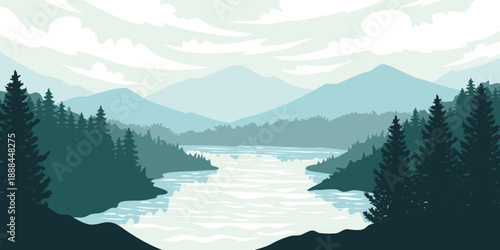 Peaceful River Valley with Pine Forest and Mountains