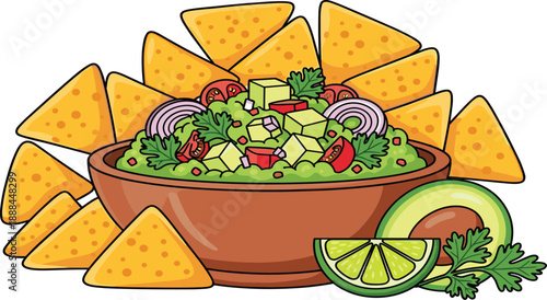 Illustration of guacamole bowl with avocado, tomato, onion, chili, lime, and tortilla chips arranged in a festive Mexican appetizer presentation.