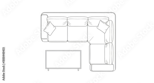 Top view sketch of a modern sectional sofa and coffee table.