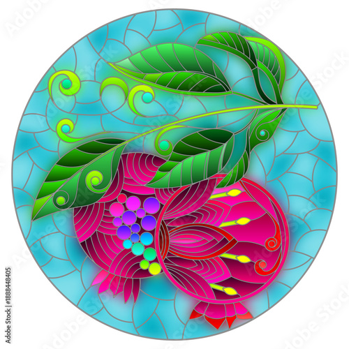 Illustration in the style of a stained glass window with a pomegranate branch on a blue background