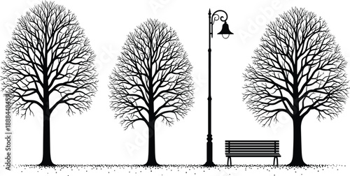 Black and white minimalist silhouette vector illustration of a quiet city park featuring leafless trees a vintage street lamp and a park bench