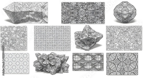 Geometric, wireframe shapes and patterns in grayscale; abstract, modern designs displayed
