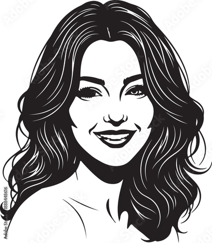 Radiant black and white portrait of a smiling woman with long, wavy hair and sparkling eyes. Happy, friendly, beautiful.